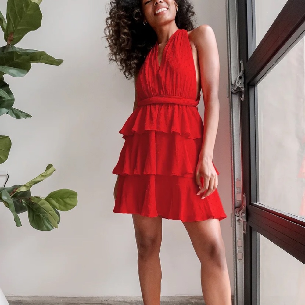 All About Bliss Red Swiss Dot Tiered Mini Dress